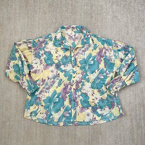 Entro Floral Puff Sleeve Smocked Cuff Boho Flowy Work Button Up Blouse Top L